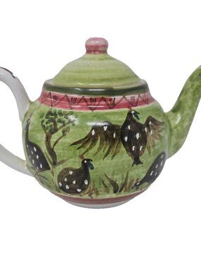 Fine Vintage 1990s Hand Painted Majolica Teapot Guinea Fowl Birds Made In Africa